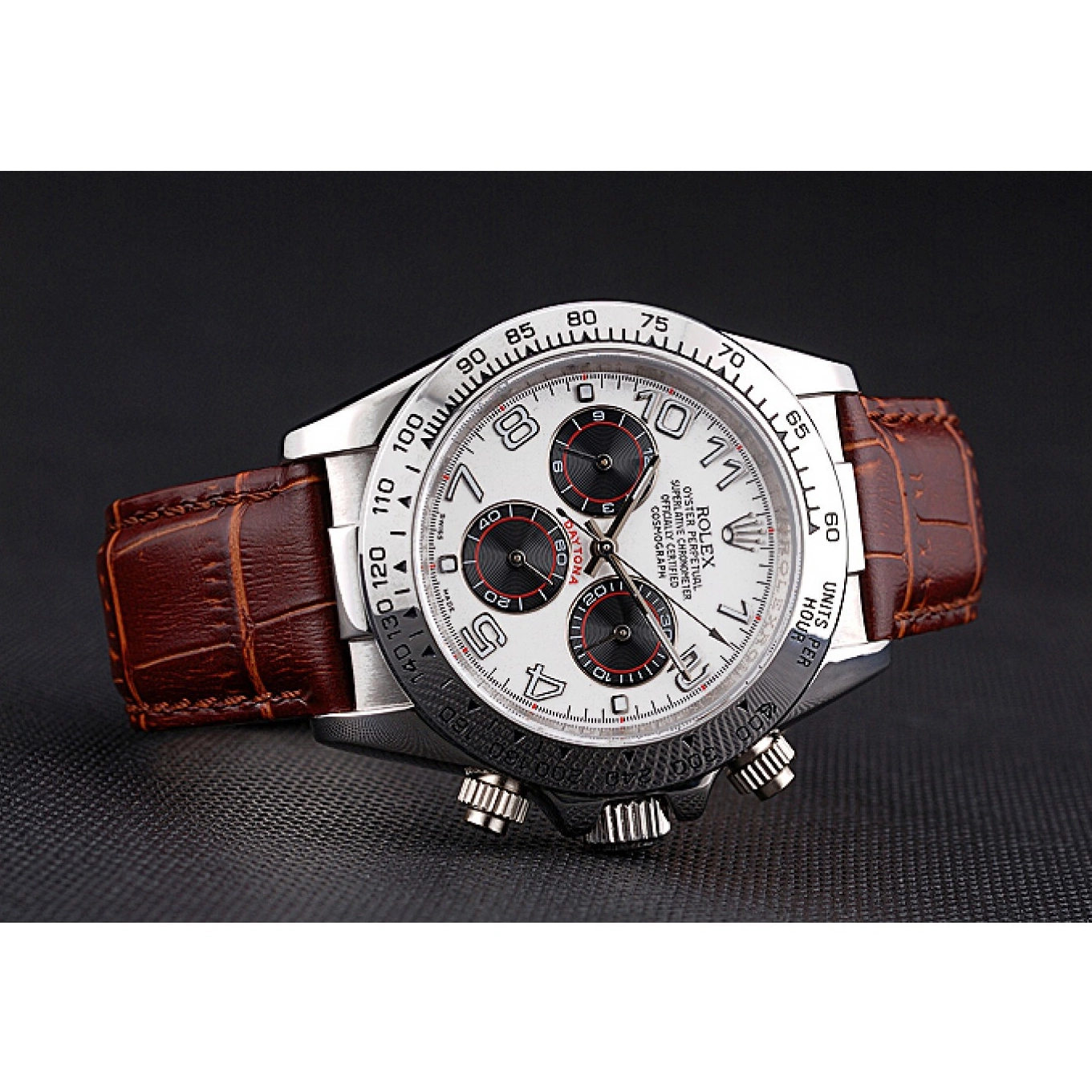 Aaa fake watches Stainless Steel Daytona Brown Dial Leather Rolex Case White Strap 0520